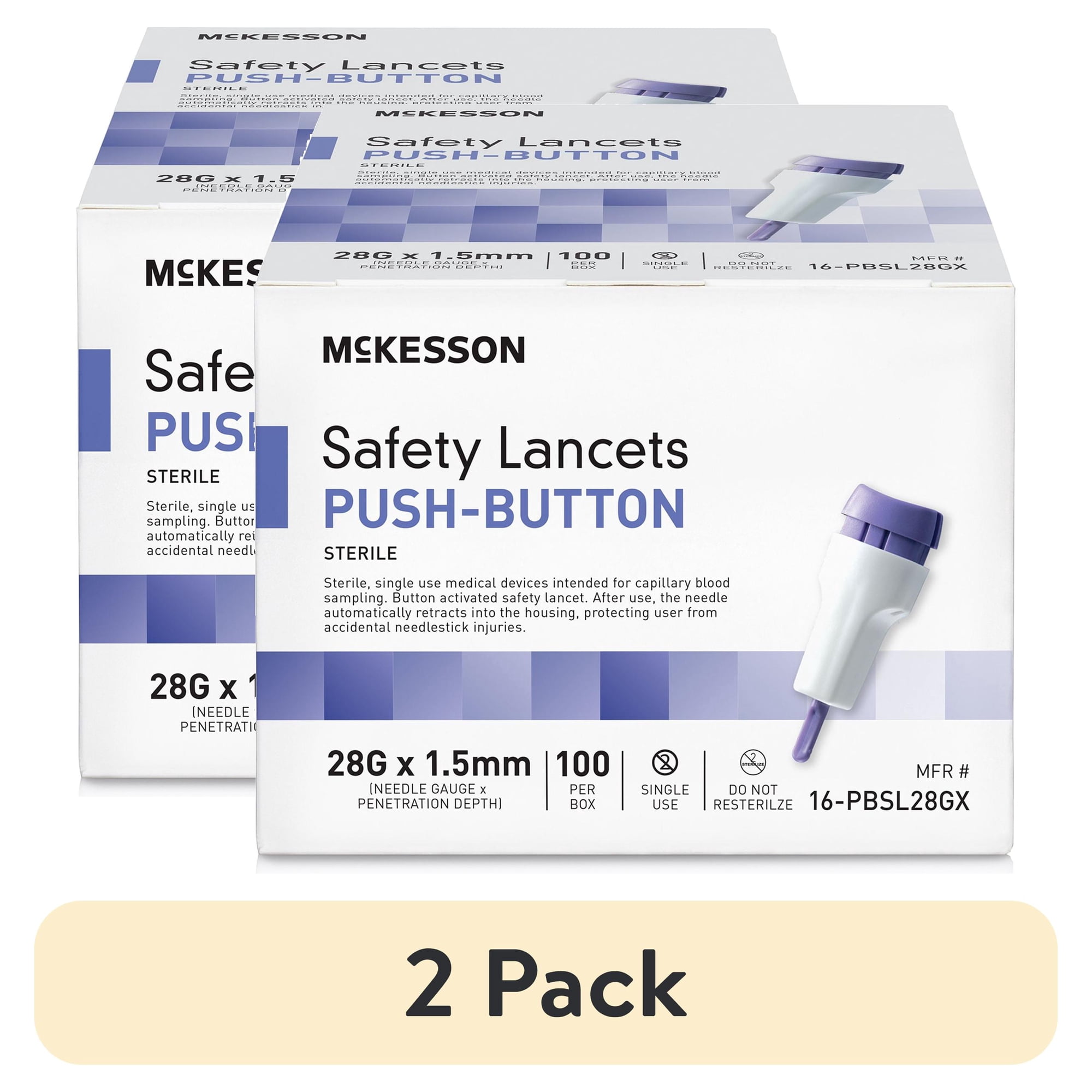 (2 pack) McKesson Safety Lancets, Pressure-Activated - 28 Gauge Needle, 1.5mm Depth, 100 Count, 1 Pack