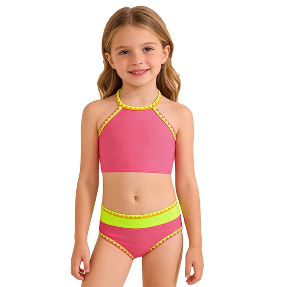 Bobifish Little Girls Tankini Swimsuit Halter Neck Solid Top With Neon Color Block Trim High Waisted Brief Breathable Beach Swim Set, 2 Piece