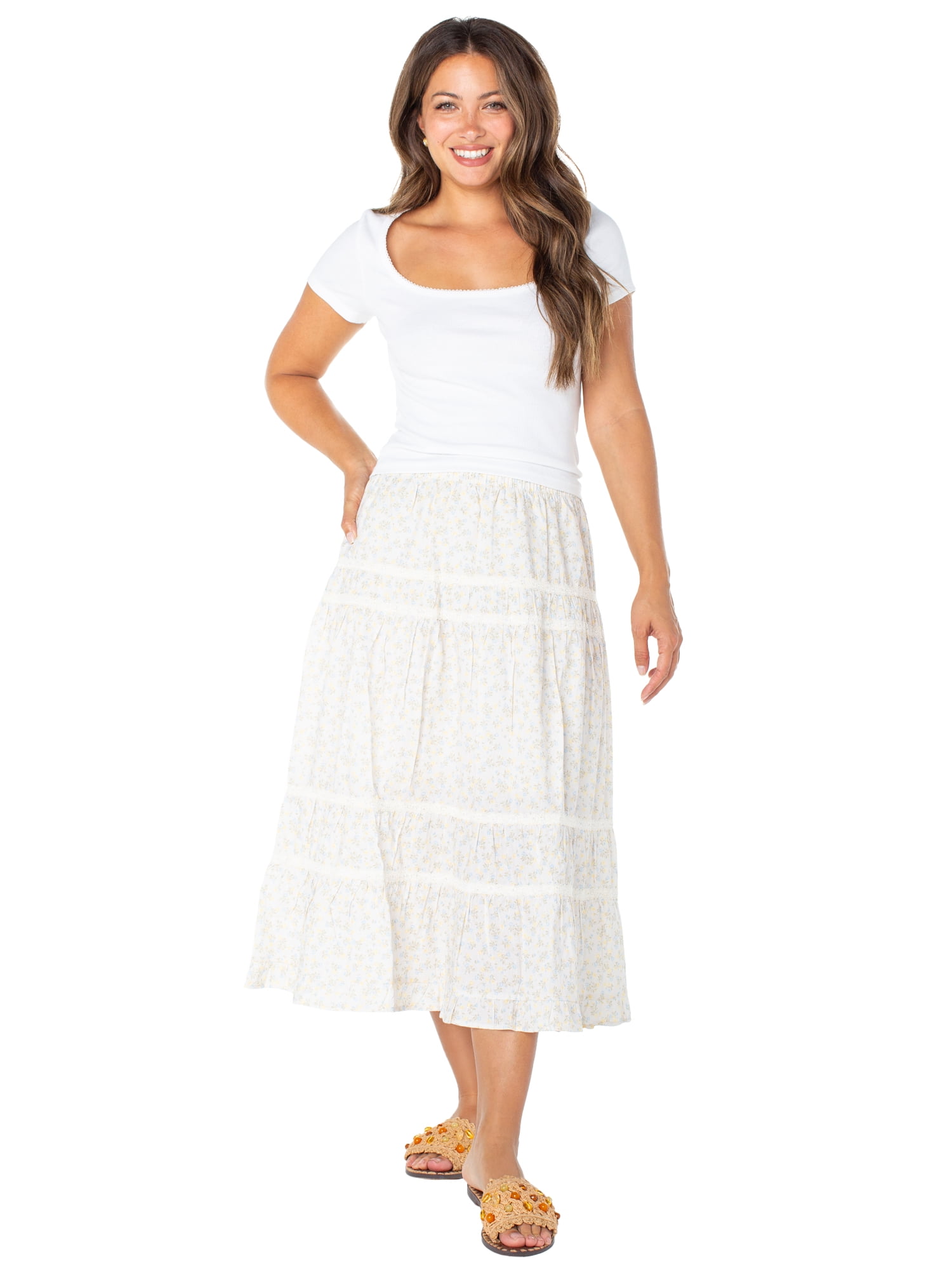 Celebrity Pink Women's and Women's Plus Tiered Ruffle Skirt with Lace Trim, Sizes XS-XXXL