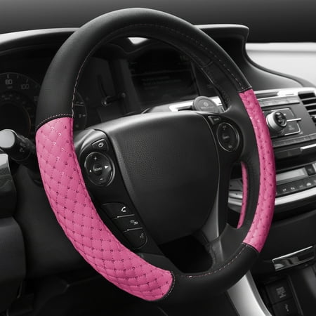BDK Diamond Quilt Steering Wheel Cover, Pink – Breathable Anti-Slip Protector with Bling Bling Sequin for Women, Universal Fit For Standard Wheel Sizes 14.5 15 15.5 inches