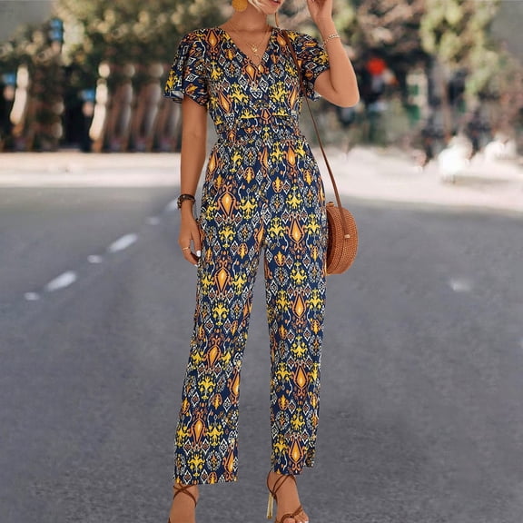 Vedolay Womens Jumpsuit Womens Rompers Smocked High Waist Ruffle Sleeves Short Outfits Jumpsuits,Blue M