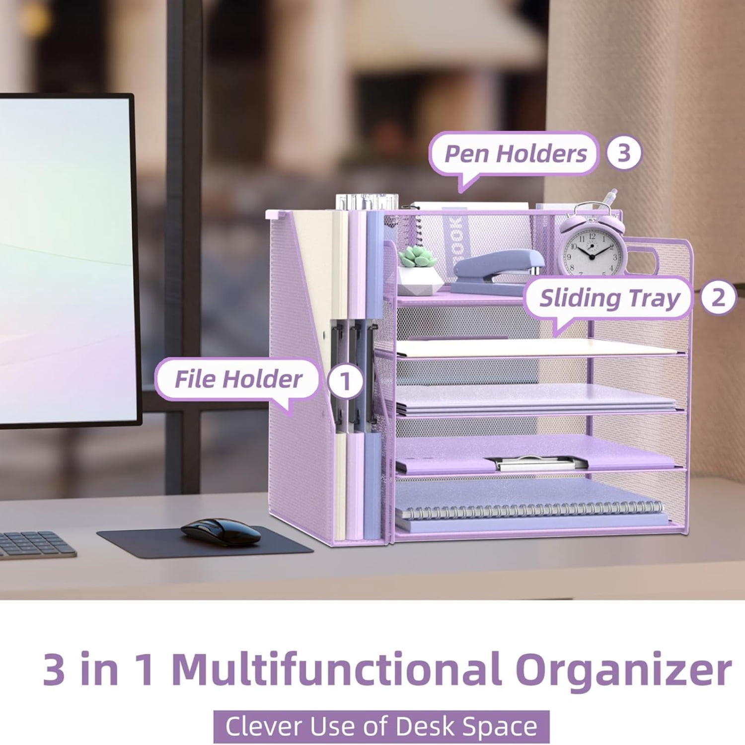 INTIGE 5-Tier Desk Organizer with 3 Pen Holders, Desktop Organizer with Magazine File Holder, Mesh Office Accessories