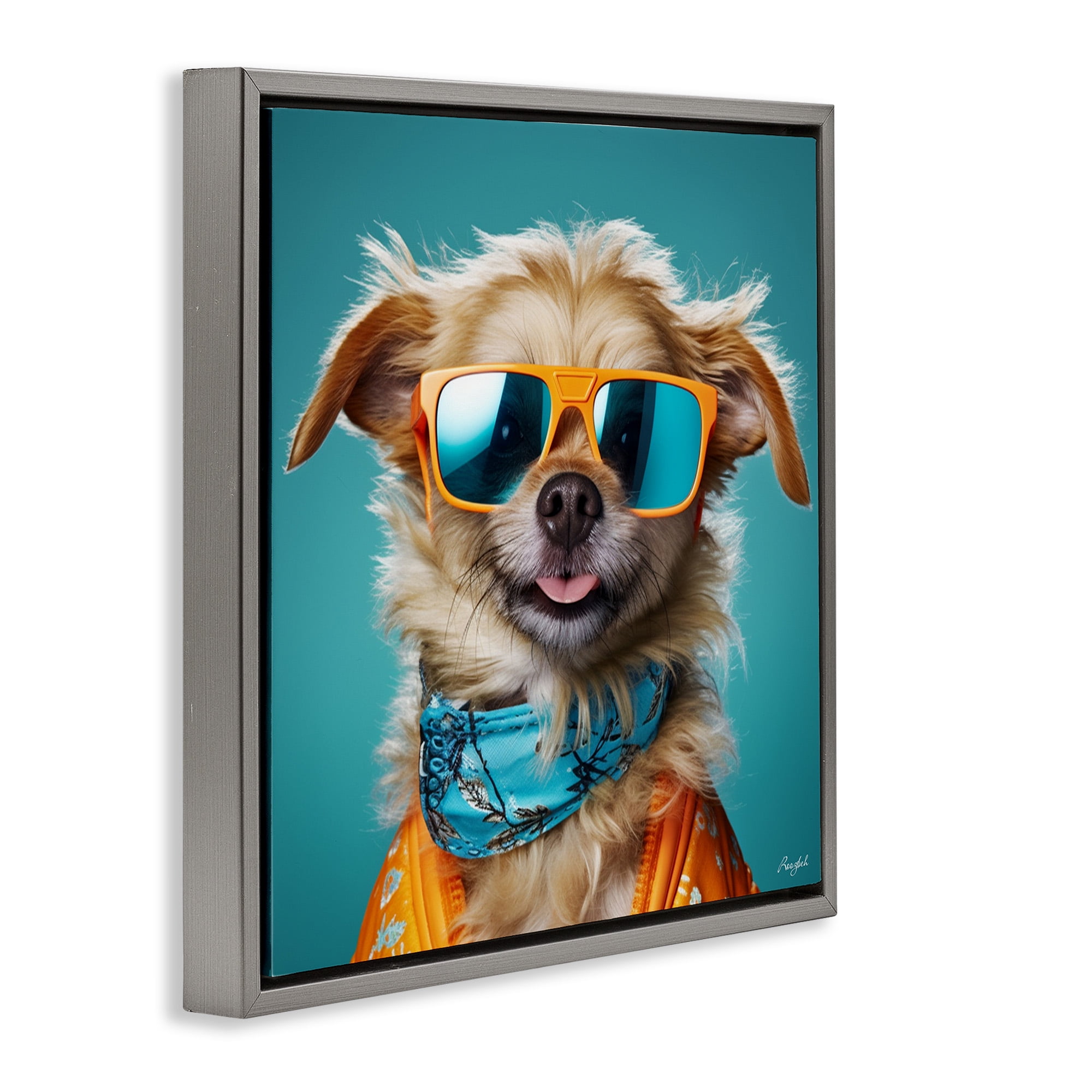 Stupell Industries Hipster Dog Portrait Animals & Insects Painting Gray Floater Framed Canvas Art Print Wall Art, 18 x 18
