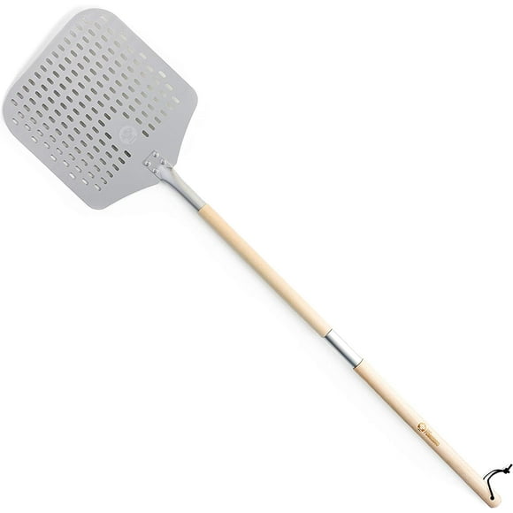 Chef Pomodoro Perforated Aluminum Long Extendable Pizza Peel, 12 x 14-Inch, with Detachable Wood 49-Inch Handle for Easy Storage, Gourmet Luxury Pizza Paddle for Baking Homemade Pizza Bread
