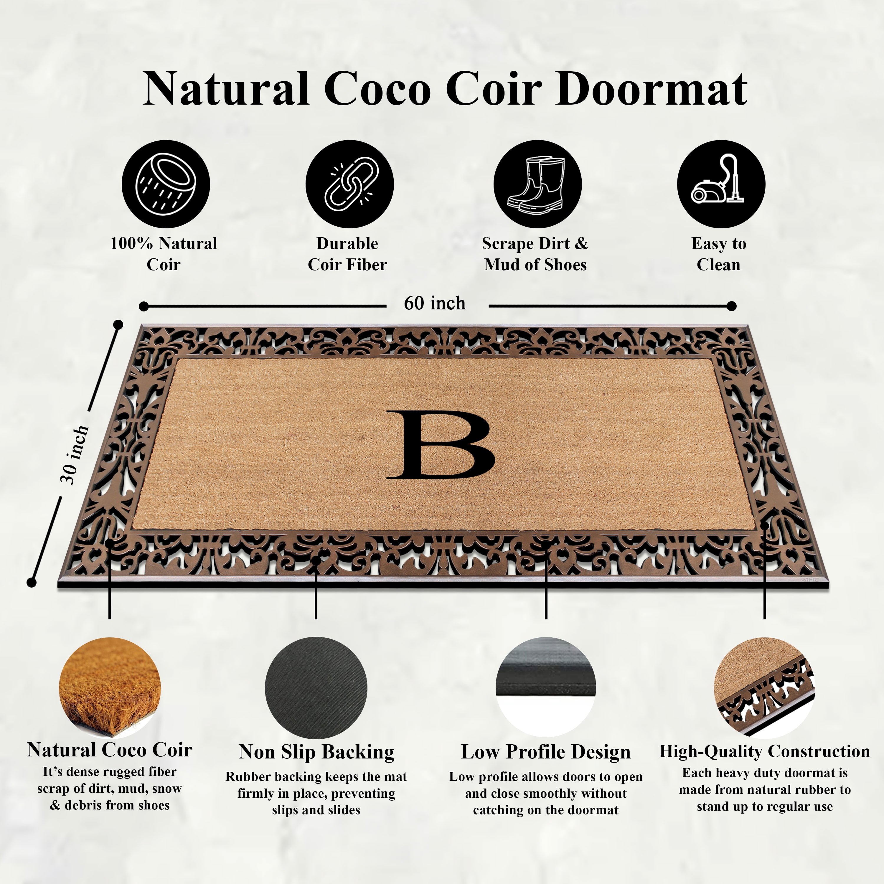 A1HC Natural Coir and Rubber Paisley Monogrammed Doormat, 30"x60", Heavy Duty Outdoor Front Door Mat, Durable Easy-Clean Bronze Rug