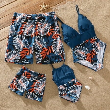 

PatPat Mommy and Me Family Matching Splicing Palm Leaf Print Spaghetti Strap One-Piece Swimsuit and Swim Trunks Shorts