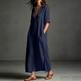 thumbnail image 4 of NTACZA Summer Dresses Cotton Lien Casual Shirt Dress Slit Maxi Collared with Pockets Vacation Beach Blue XXL, 4 of 8