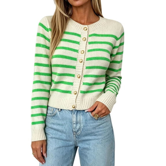 Karight Women's Striped Button Down Cardigan Crew Neck Long Sleeve Cropped Knit Sweater Outerwear with Gold Buttons