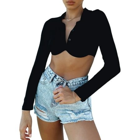 

Sunisery Women Square Neck Long Sleeve Y2K Crop Tops Bustier Cropped Shirt Blouse Low Tops Fit Clubwear Black L