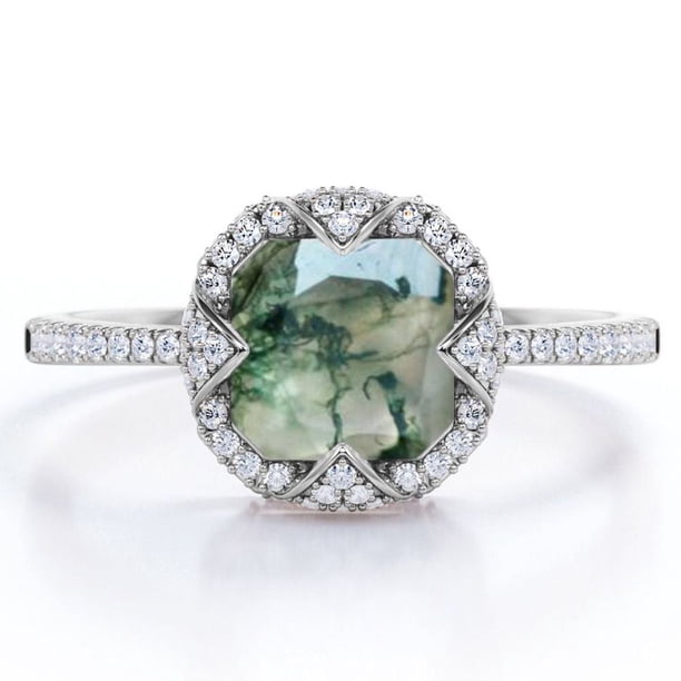 JeenMata Anillo de Compromiso con Bisel de Halo Ágata Verde Musgo Lechoso Opaco de Talla Cojín de 1,5 Quilates y Moissanita: Pavé - Baño de Oro Blanco de 18 K sobre Plata