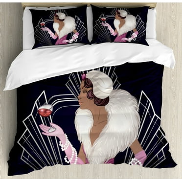 Old Hollywood Queen Size Duvet Cover Set, 1920s Style Lady with Fur Collar and Bracelets Holding a Sparkling Wine Glass, Decorative 3 Piece Bedding Set with 2 Pillow Shams, Multicolor, by Ambesonne