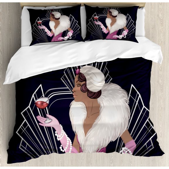 Old Hollywood King Size Duvet Cover Set, 1920s Style Lady with Fur Collar and Bracelets Holding a Sparkling Wine Glass, Decorative 3 Piece Bedding Set with 2 Pillow Shams, Multicolor, by Ambesonne