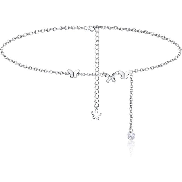 pulsera de tobillo de plata de ley 925 para mujer, tobillera ajustable de doble capa con una cadena de eslabones y una cadena serpiente; charms multicolor con mariposas, corazón, estrella, estrella de mar y cuentas, más colgante con piedra; tamaño 8.6 pulgadas + extensión 1.2 pulgadas y broche de langosta.