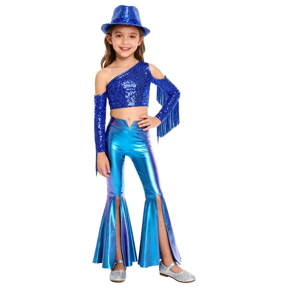 TTAO Girls 3Pcs Disco Dance Outfit Sequin Tassel Metallic Pants and Fedora Hat Western Cowgirl Jazz Dance Clothes Royal Blue 10