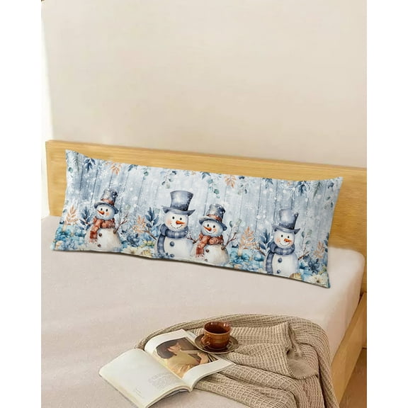 Rustic Christmas Snowman Body Throw Pillow Cover Case, Couch Sofa Bed Pillowcase, Soft Decorative Pillow Protector, Blue Xmas Poinsettia Leaves 20x54Inch Long Reversible Pillow Shams with Zipper