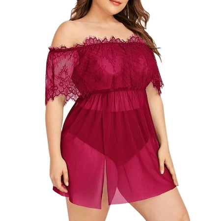 

KVMeteor Women s Plus Size Off Shoulder See Through Stretchy Lace Lingerie Nightgown