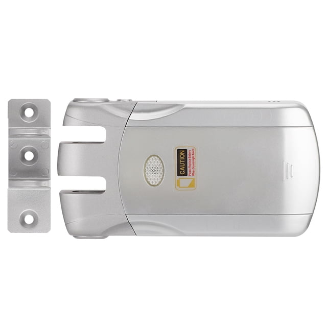 cerradura, wafu 010 para tuya wi fi lock cerradura de puerta inteligente artesanía superior bloqueo remoto invisible de aleación de zinc en acabado plateado, vista cenital centrada del cuerpo principal y soporte de montaje separado; superficie lisa con etiqueta de precaución visible y apertura táctil en el cuerpo interior; diseño compacto para montaje sin cerradura exterior, compatible con control remoto y conexión Tuya WiFi, a menudo usado para reforzar puertas interiores.