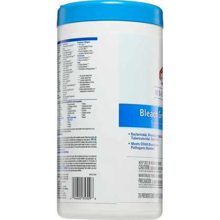 - Clorox Healthcare Bleach Germicidal Wipes, 6 3/4 x 9, Unscented, 70/Canister
