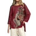 thumbnail image 2 of Red Womens Blouses Women's Vintage Floral Baseball Art Print Casual 3/4 Sleeve T Shirts Round Neck Cotton Shirt Summer Tops for Women, 2 of 4