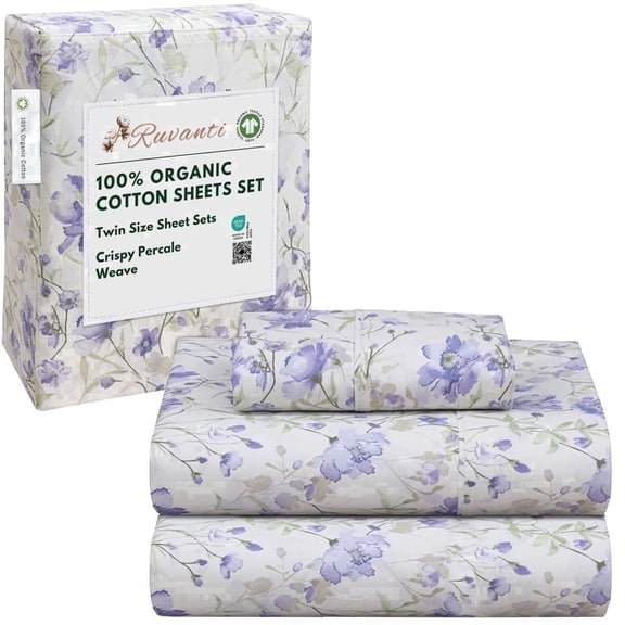 RUVANTI 100% Organic Cotton Sheets - Twin Sheet Set - 3 Piece Percale Weave Bedding, Crisp, Cooling & Breathable, Soft & Durable, 15" Deep Pocket, Hotel Quality Sábanas - Heather
