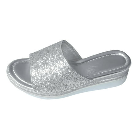 

Ediodpoh Ladies Summer Rhinestone Shiny Beach Outside Wear Slope Heel Big Size Sandals Slippers Summer Sandals Silver 7(38)