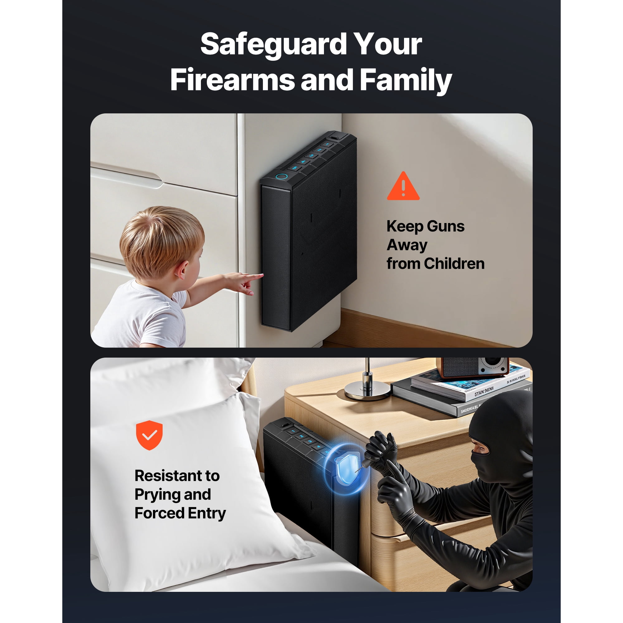 KFFKFF Handgun Safe with Fingerprint, Password, and Key Access, Quick-Access Firearm Storage Box with Interior Lighting for One Pistol and Magazine, Secure Mountable Case for Nightstand, Desk