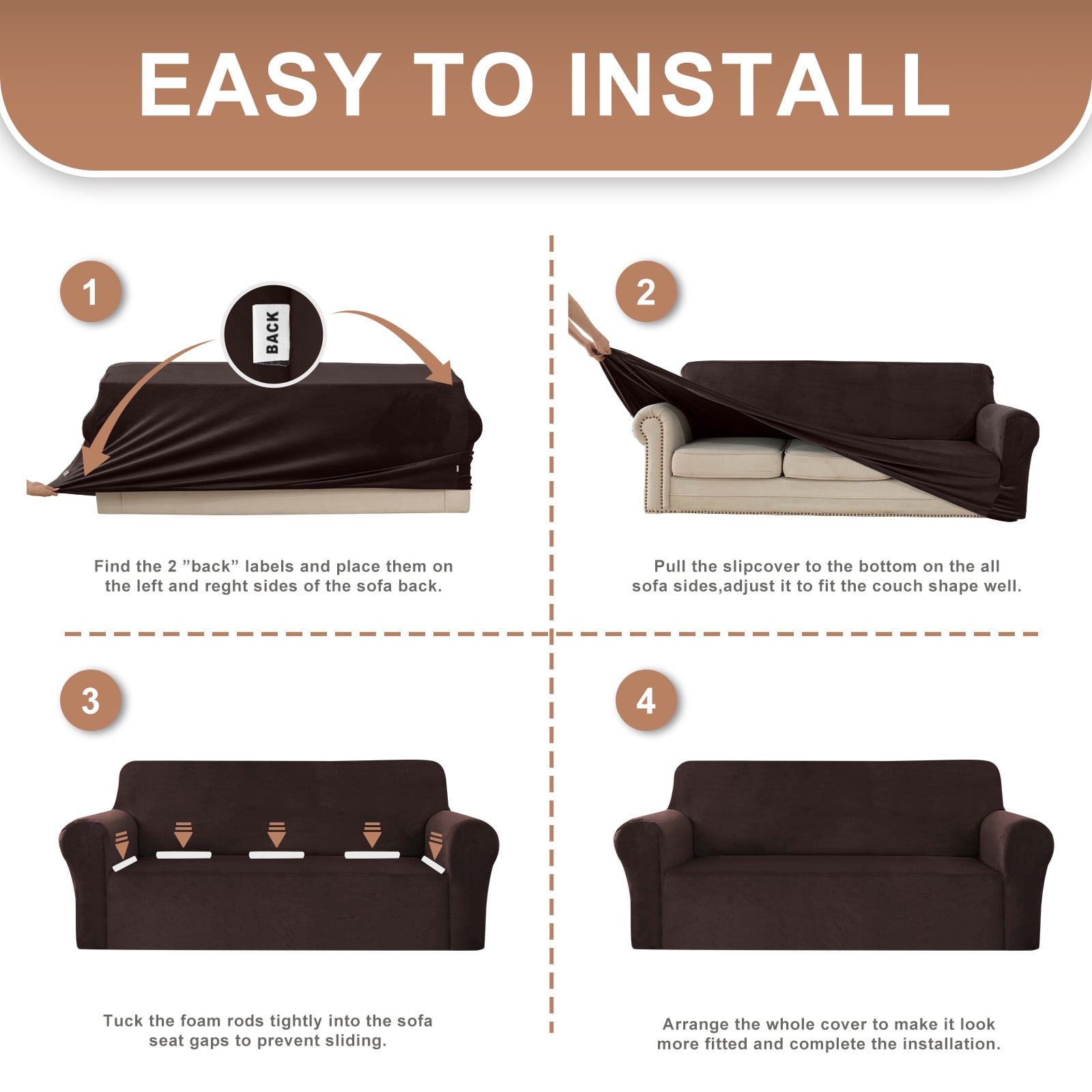 SANMADROLA 100% Waterproof Couch Covers Velvet Stretch Slipcover for 3 Cushion Sofa Cover Non Slip Leakproof Washable Furniture Protector for Kids Dogs Cats Pets, Brown, Oversized Sofa
