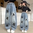 thumbnail image 5 of MuXiKeJi Clothes Baggy Jeans for Girls Front Pocket Letter Print Loose Fit Straight Leg Denim Pants Autumn Casual Bottoms Girls Wide Leg Jeans, 5 of 6