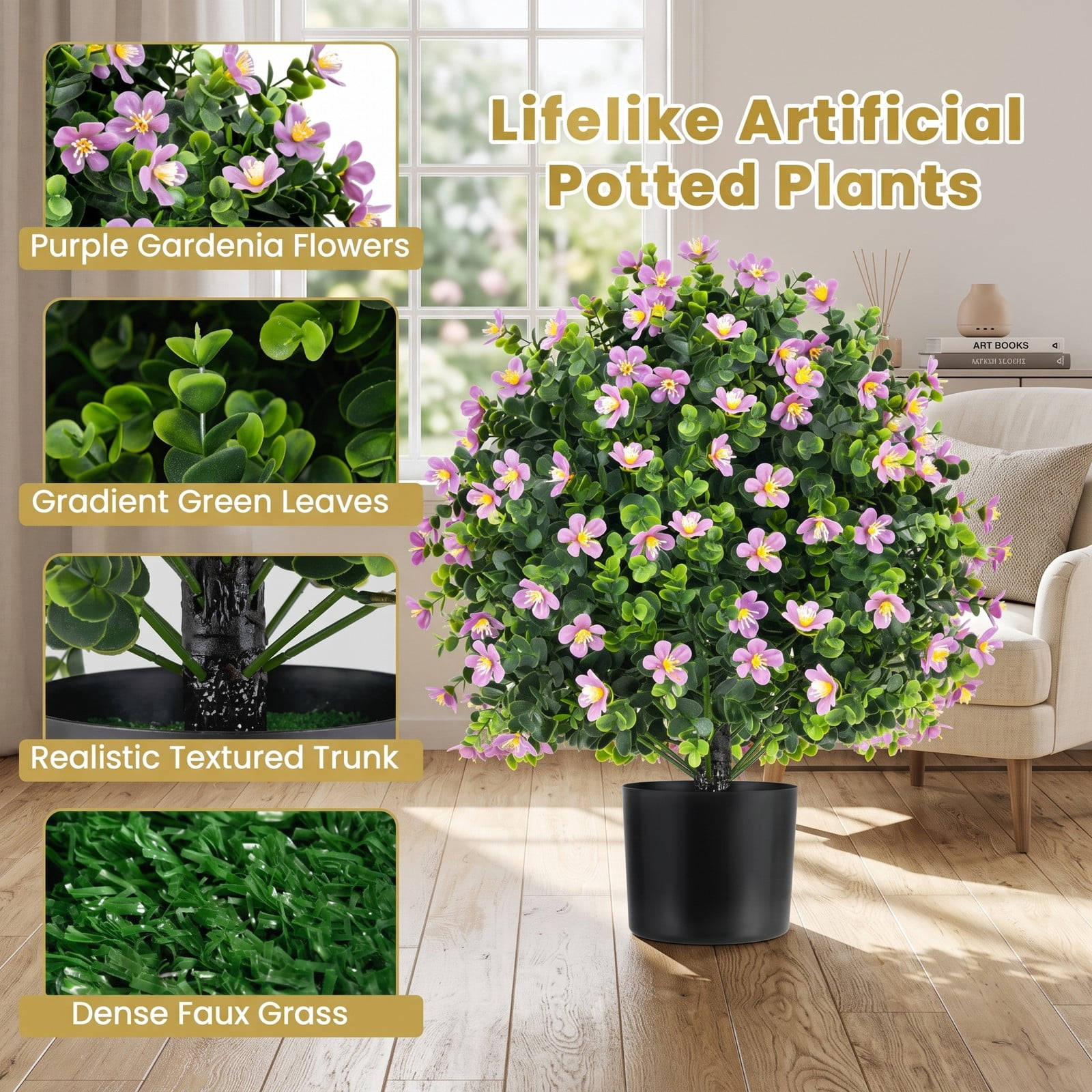 ALPULON 2 Pack Artificial Boxwood Topiary Ball Trees, 21.5 Inch Faux Shrub Bushes with Purple Flowers, Cement-Filled Base Fake Potted Plants for Front Porch, Purple