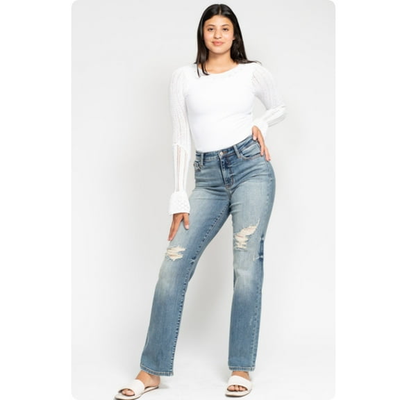 JUDY BLUE High Waist Destroy Detail Dad Jeans-Stretchy Comfort