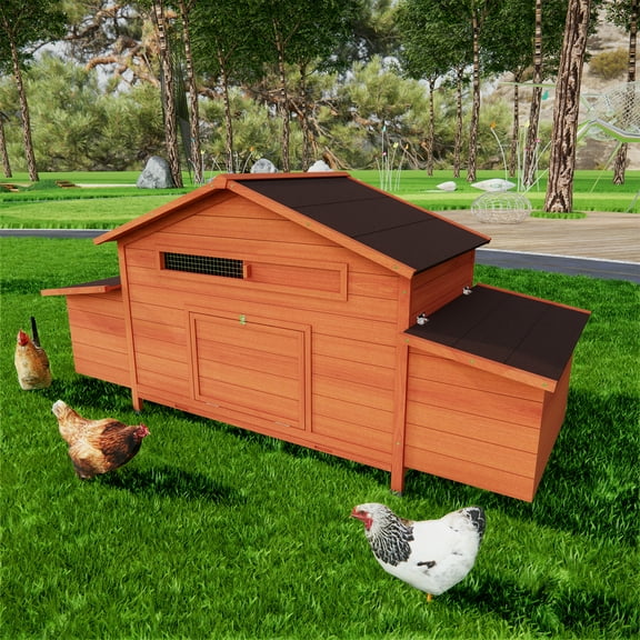 ZephyPaws Large Chicken Coop,Wooden Hen House,Weatherproof Duck Poultry Cage 68" L for 6-8 Chickens with 4 Nesting Box,Leak Proof Tray,Orange