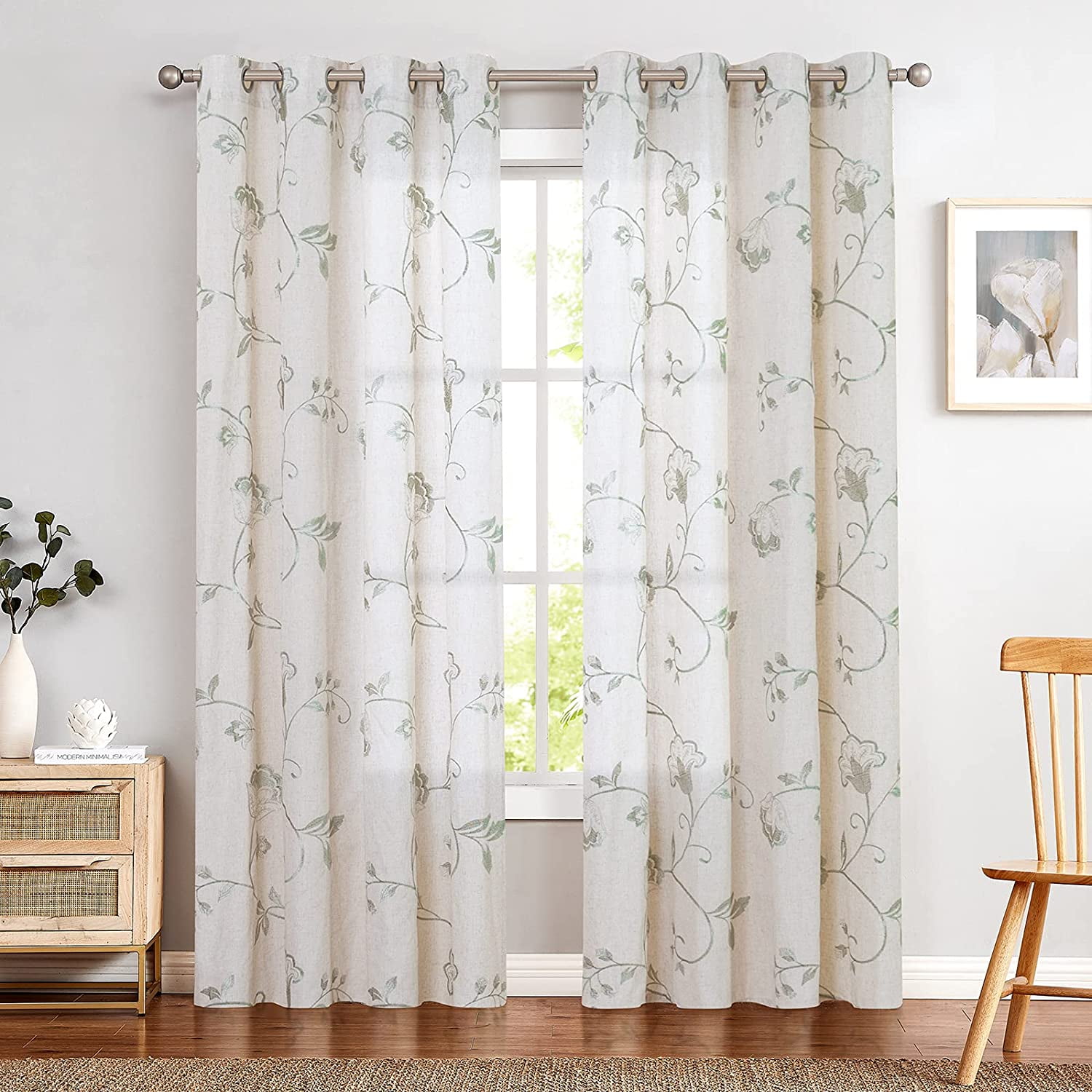Curtainking Linen Curtains Floral Embroidery Grommet Curtains 50x84 inch for Bedroom 2 Panels Green
