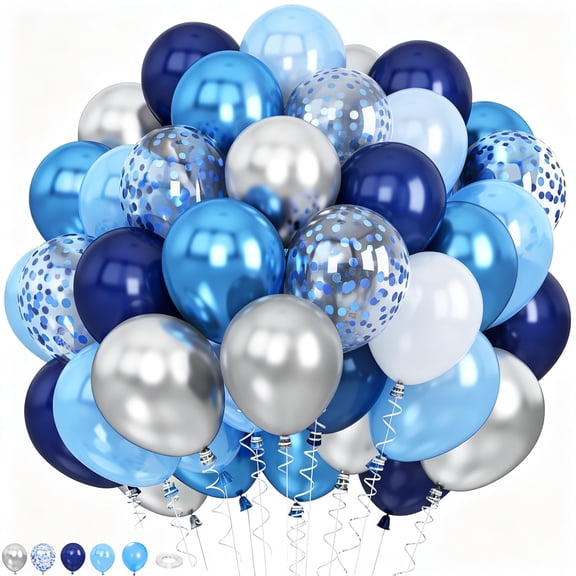 Blue and Silver Balloons, 60 Pcs 12Inch Navy Royal Blue Silver Metallic Balloons for Birthday Baby Showers Graduation Party Decorations
