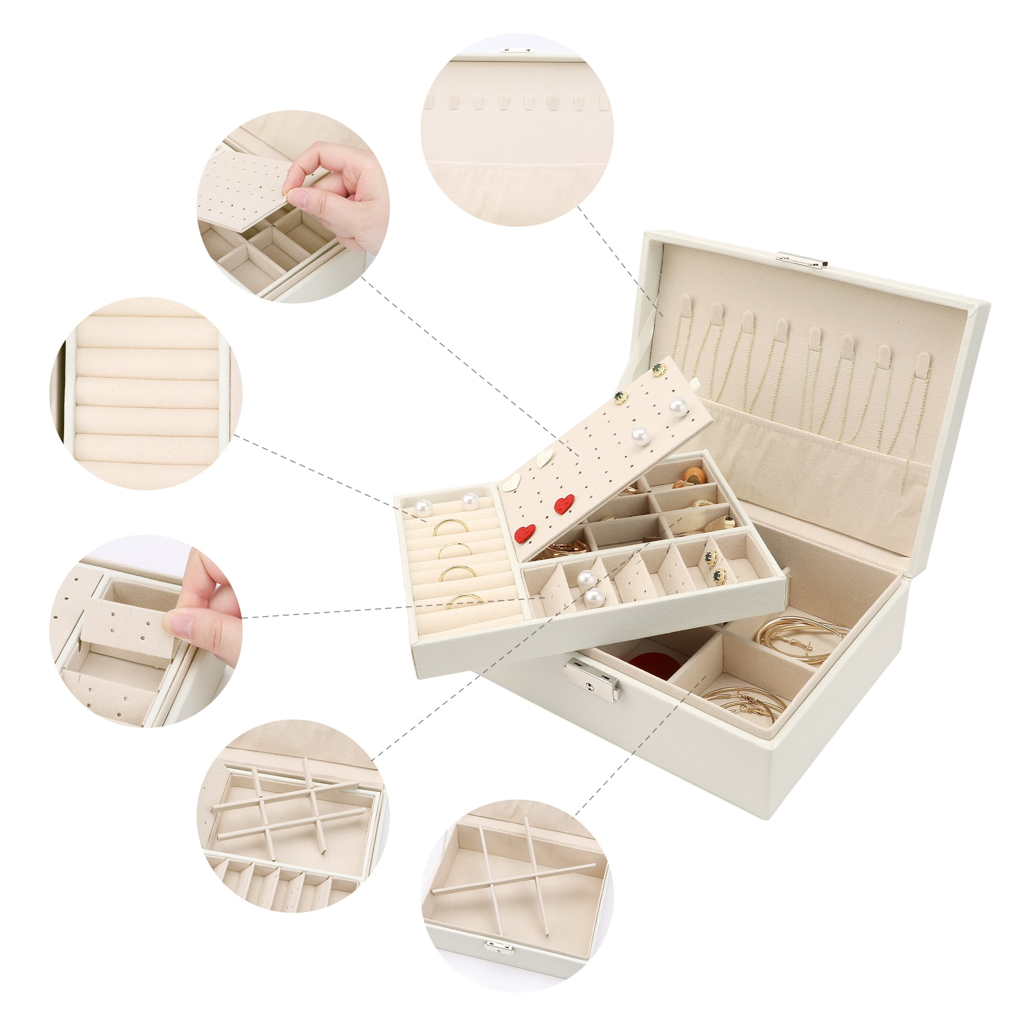 Unique Bargains 2 Layer Jewelry Box PU Leather Jewelry Organizer Case Storage with Drawer White