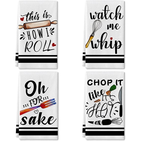 Funny Kitchen Towels and Dishcloths Sets of 4 Kitchen Towels with Sayings Egg Beater Rolling Pin Absorbent Drying Tea Dish Towel for Cooking Baking Home Decorations 16x24 Inches