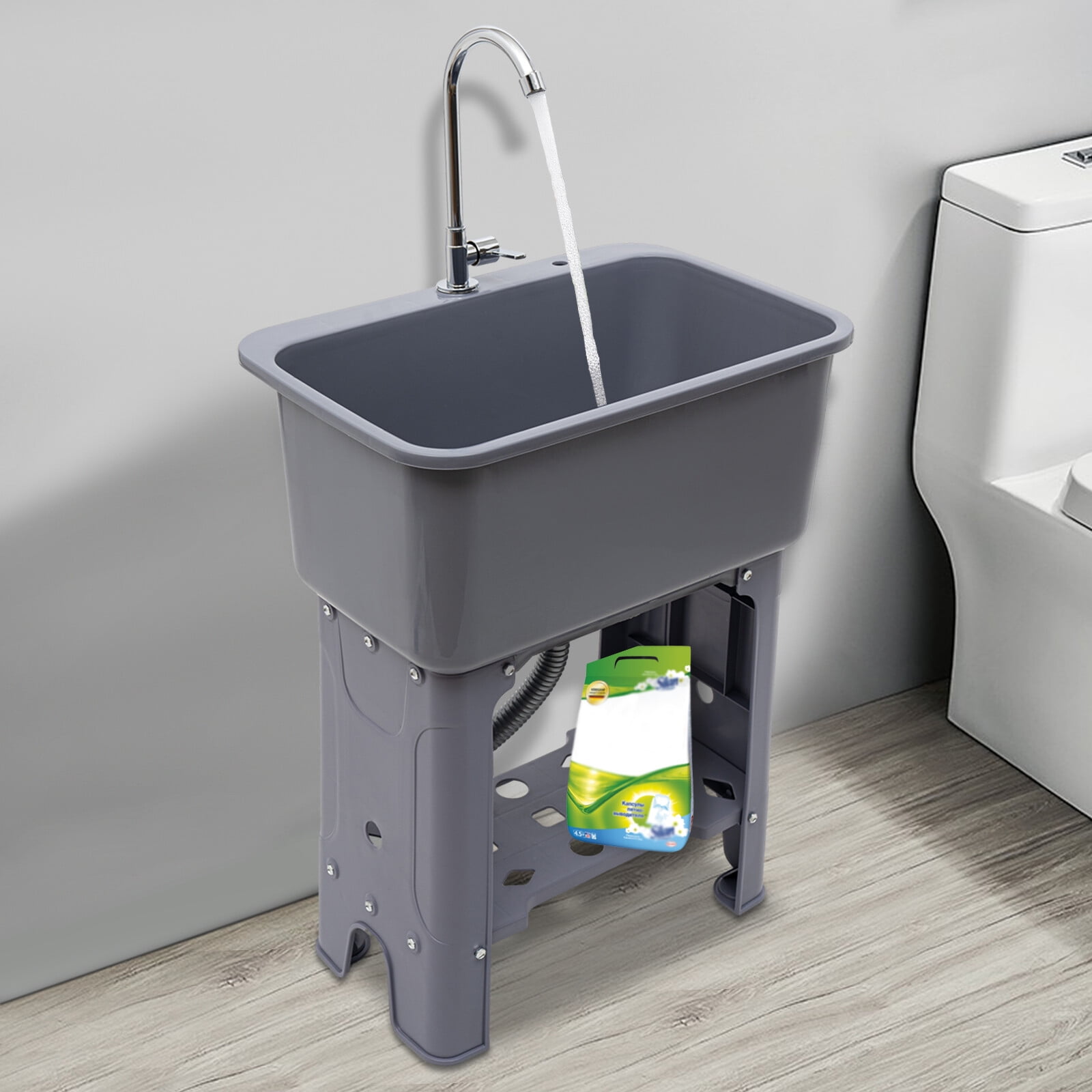 FOGGBET Freestanding Plastic Utility Sink,Single Bowl Laundry Sink with Faucet Grey for Laundry Room Garage Garden