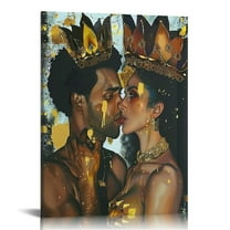 JEUXUS African American Canvas Wall Art, King and Queen Crowns Canvas Print, Black Art for Wall Decor, African Lovers Women&Man Bedroom Picture Framed Artwork for Room Decor 12x16 in