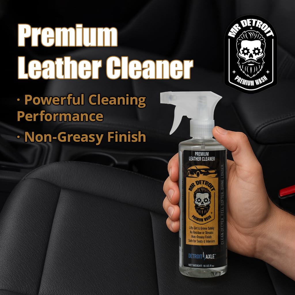Mr. Detroit - Premium Leather Cleaner Luxury Care for Car Interiors, Seats, Furniture, Accessories, and More (Works on Natural, Synthetic, Pleather, Faux Leather and More) 16 fl oz