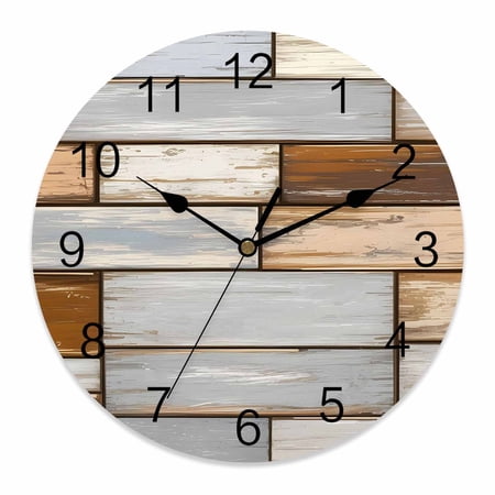 Wall Clock Grey Wood Grain Clocks PVC Silent Non-Ticking Battery Operated Decorative Brown Rustic Vintage Wooden Round Clock for Home Living Room Kitchen Bedroom Office School Wall Decor 10 Inch