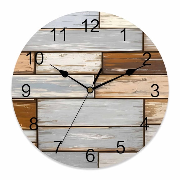 Wall Clock Grey Wood Grain Clocks PVC Silent Non-Ticking Battery Operated Decorative Brown Rustic Vintage Wooden Round Clock for Home Living Room Kitchen Bedroom Office School Wall Decor 10 Inch