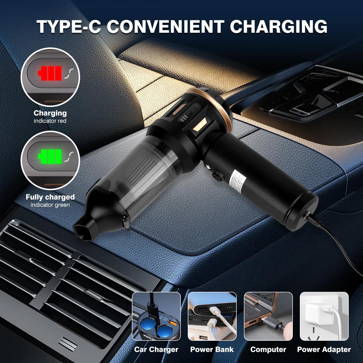 Canvcle Car Vacuum Cleaner, 4 in 1 Vacuum Cleaner & Air Duster, 16000Pa Brushless Motor Handheld Vacuum Cordless with 2000mAh Battery, LED Light, Multi-Nozzles for Car, Home, Office, Keyboards