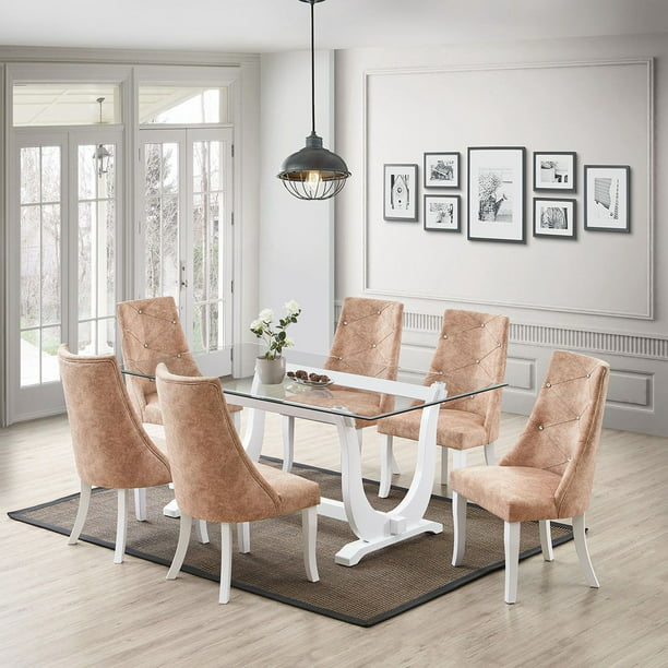 Benoit 7 Piece Glass Dining Set White, Brown And White Dining Room Sets