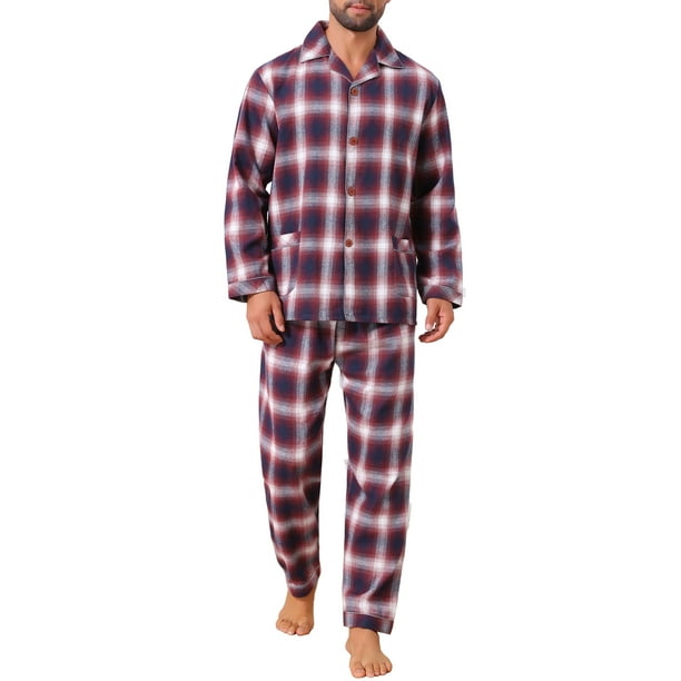 INSPIRAR CHIC Conjunto de Pijamas de Dos Piezas de Manga Larga con Botones Casual a Cuadros en Rojo y Azul para Hombre