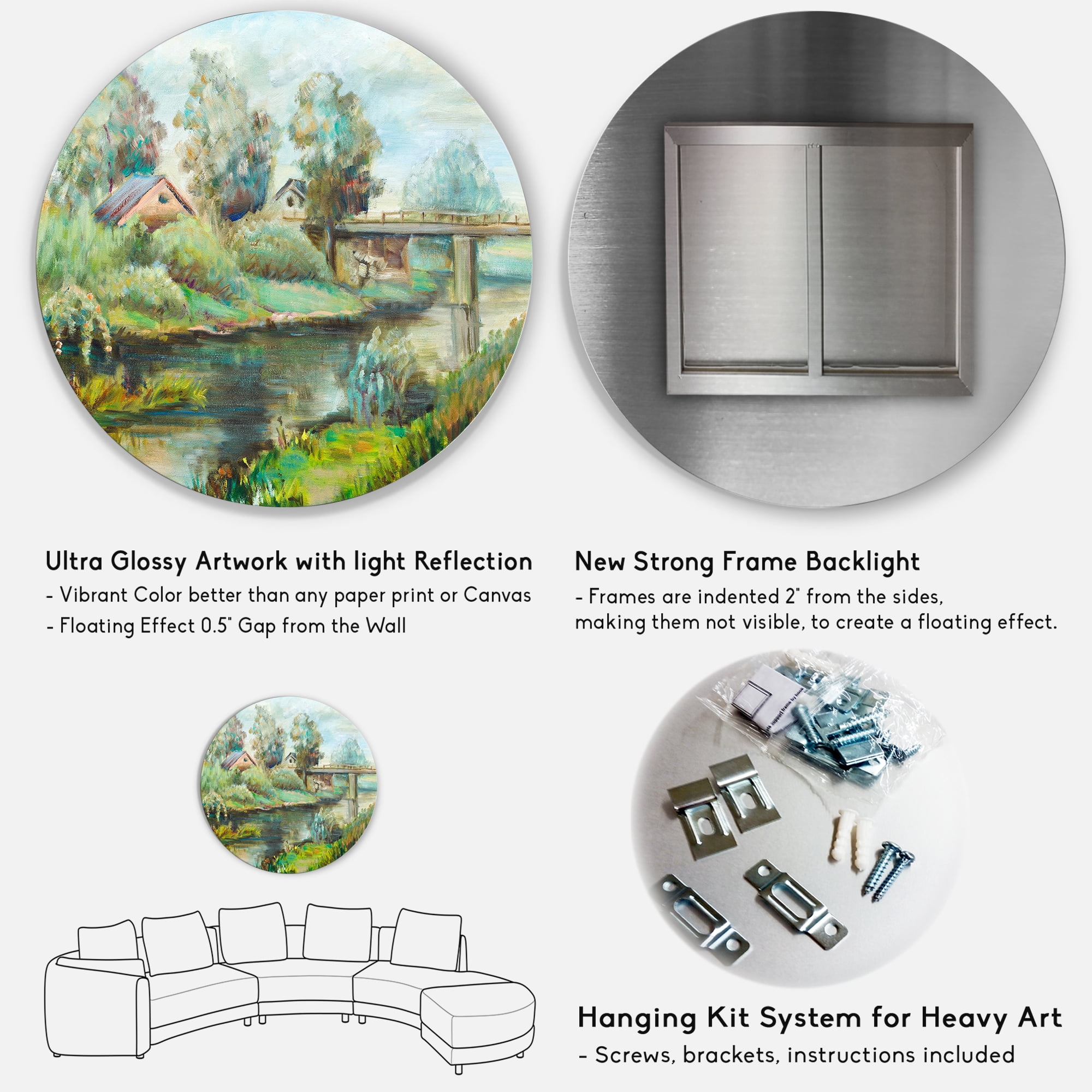 Designart 'Rustic Landscape With Bridge On The River' Lake House Circle Metal Wall Art 23x23 - Disc of 23