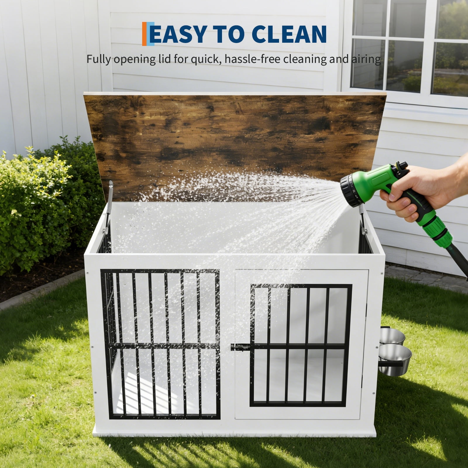 GARVEE 40" Wooden Dog Crate Furniture with Double Bowls, Indoor Pet Kennel & End Table for Medium to Large Dogs, White/Vintage