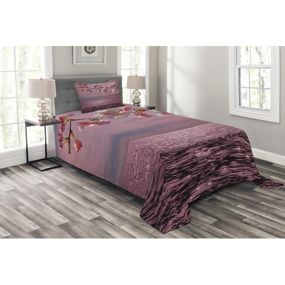 Ambesonne Japanese Quilted Bedspread Set 2 Pcs, Cherry Tree Branch, Twin Size, Pink and Pale Pink