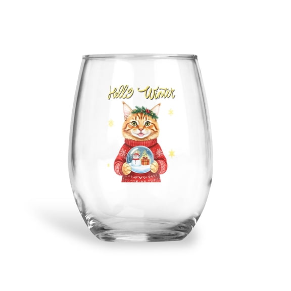 Hello Welcome Winter Maine Coon Holding Snow Globe Snowman 15oz Stemless Wine Glass Mug Cat Lover Kitten Owner Gifts Wine Glasses Cup - 13015