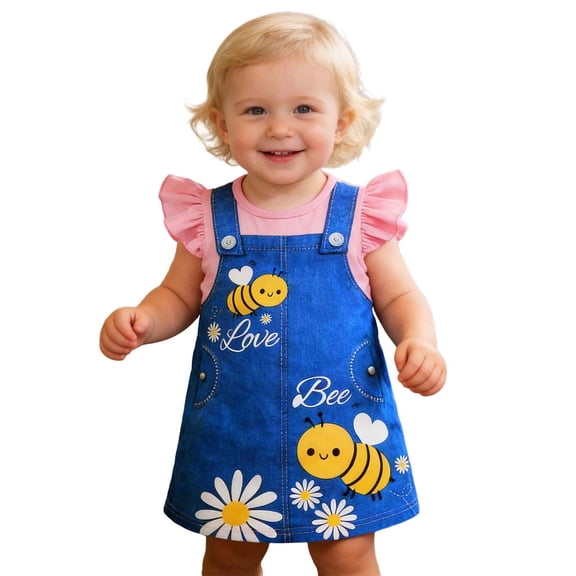 Likimi Toddler Girls Dress Cartoon Print Cute Crew Neck Sleeveless Overalls Casual Fashion Summer Dresses Pink Size 9-12 Months