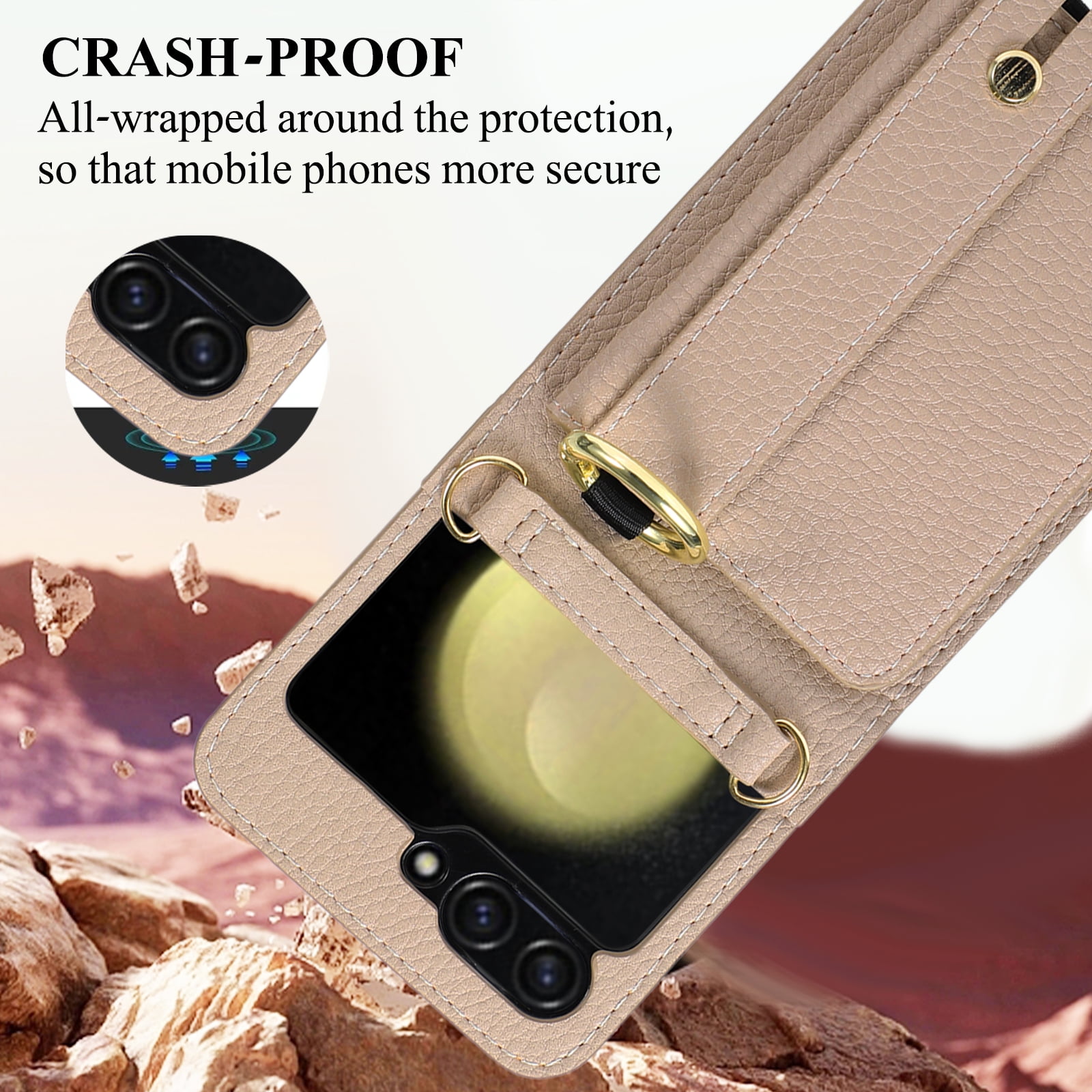 Dteck for Samsung Galaxy Z Flip 6 Wallet Case with Card Holder, Crossbody Wallet Case for Galaxy Z Flip6 5G with Hand Strap and Hinge Protection, Carrying Handbag Phone Case for Women Girls,Beige