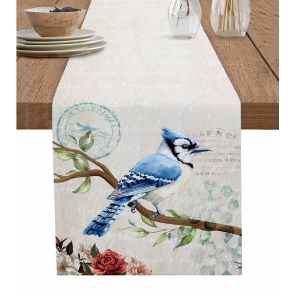 Hokiten Table Runners 48 Inches Long Dress Scarves, Spring Blue Bird Farmhouse Kitchen/Dining Table Runner, Short Coffee Tablerunners, Summer Vintage Branch Floral Beige 13x48 Inch